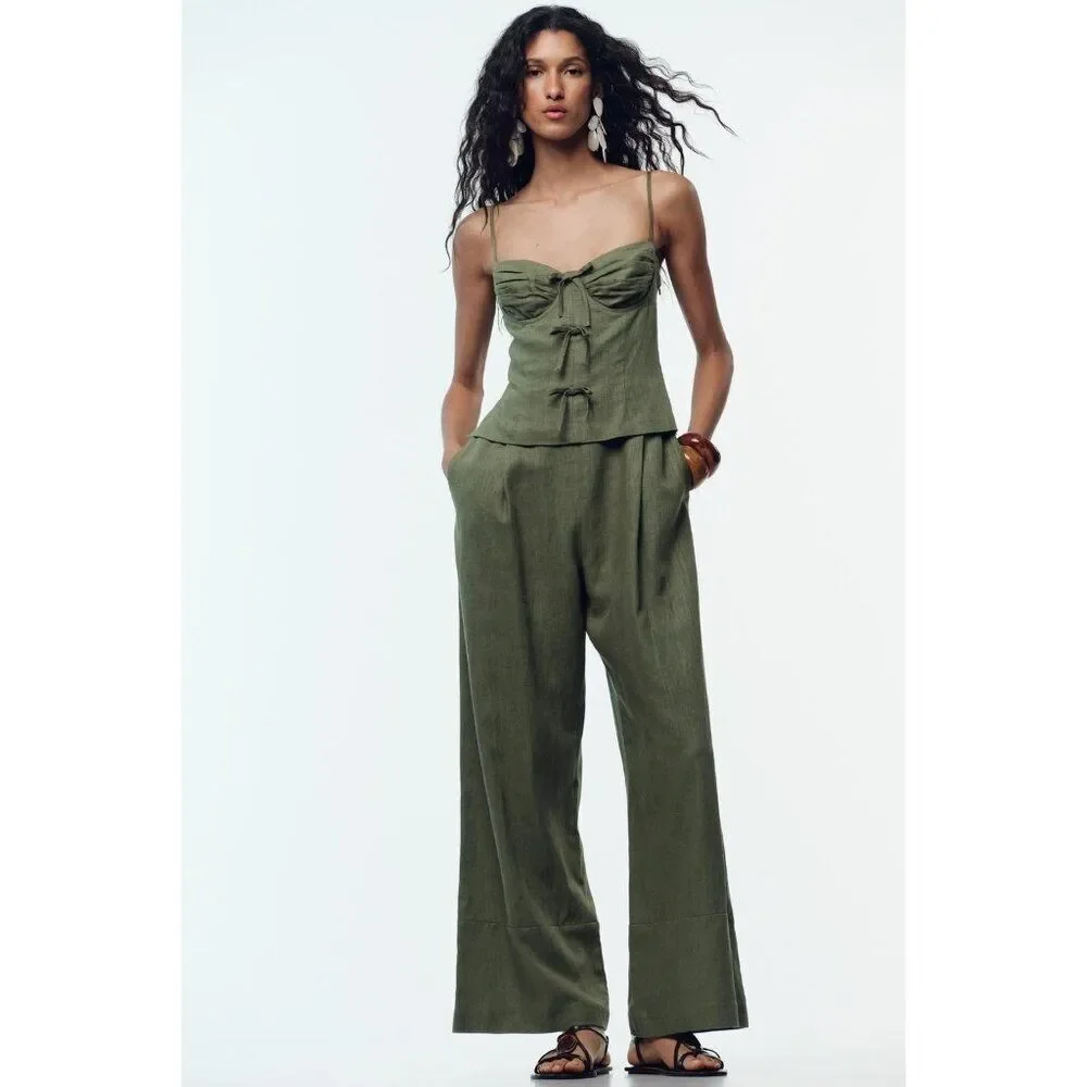 Zara Womens Jumpsuit XS Green Linen Bow Spaghetti Strap Wide Leg 8447/734 NWD